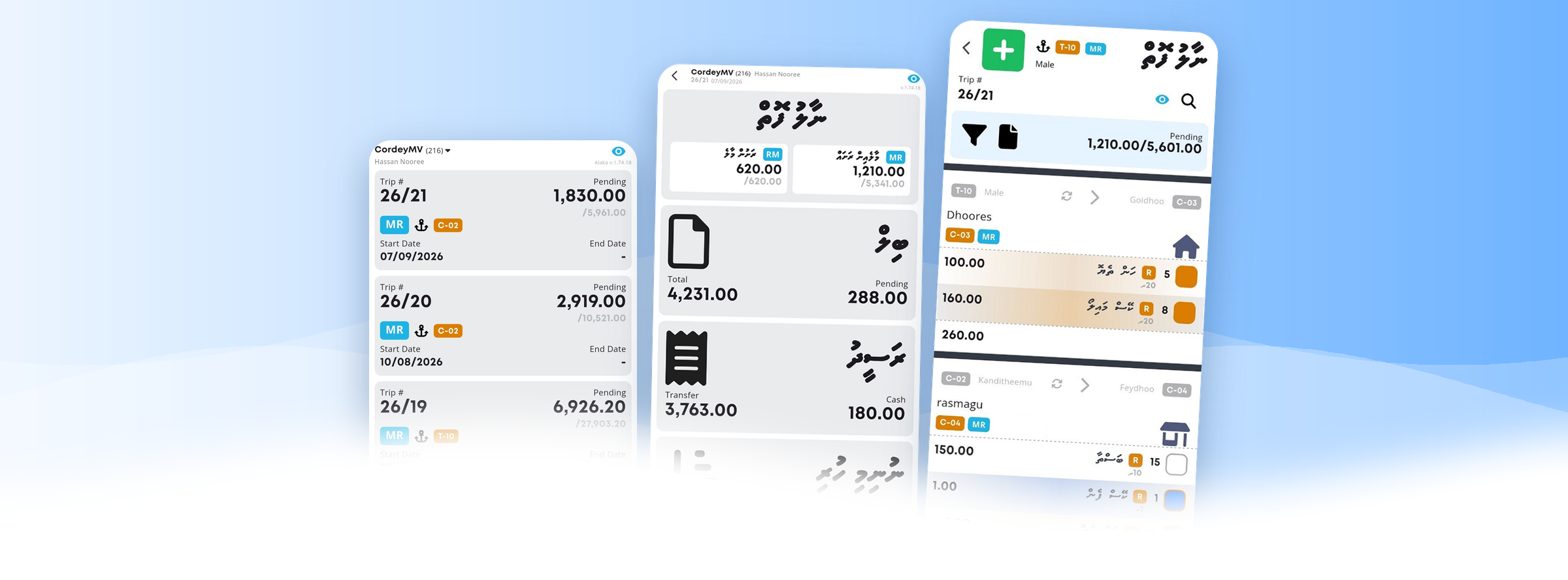 Alaka app screens: trip list, customer summary and naalu book